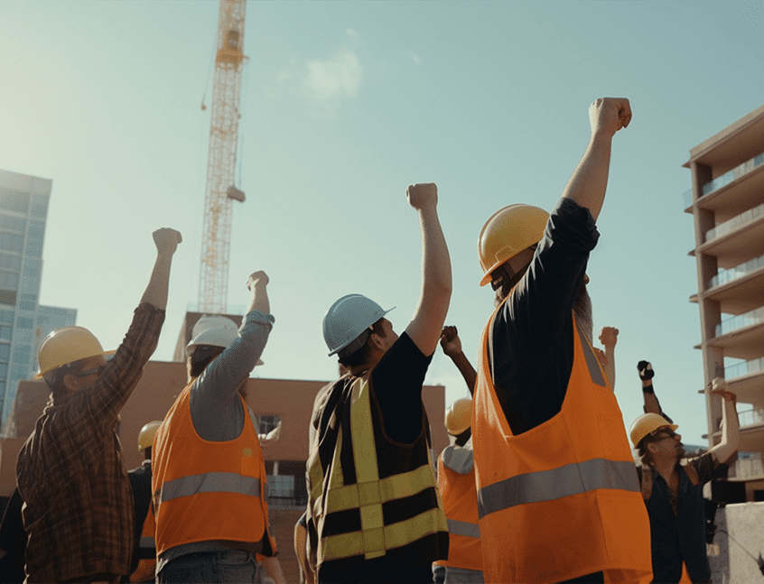 trabajadores de la construcción festejando en obra