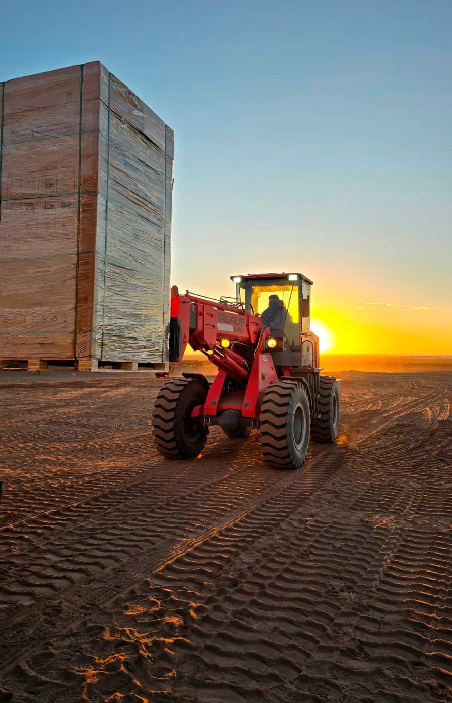 retroexcavadora cargando pallets de paneles solares en obra al atardecer